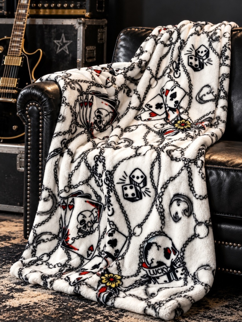 Ed Hardy Twin Plush Blanket 60x90 White Skull Dice Playing Cards Tattoo NWT